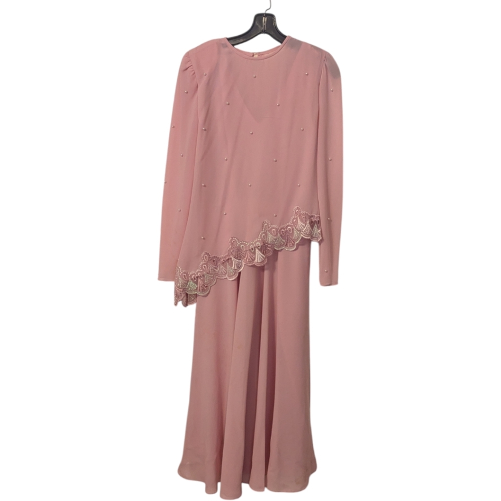 80s Pink 2 Piece Lace & Pearl LS Asymmetrical Top & Sleeveless Formal Dress*